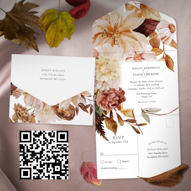 Invitación Todo En Uno Elegancia otoñal, boda otoño (All-in-one Fall wedding invitation with postcard rsvp, Seal and send Floral Autumn wedding invites.
)