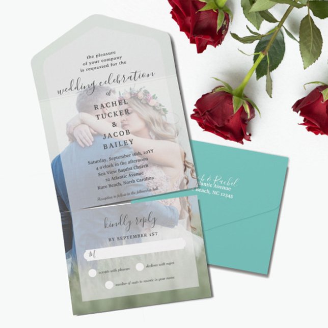 Invitación Todo En Uno Elegancia simple Boda Verde azulado de foto comple (Subido por el creador)