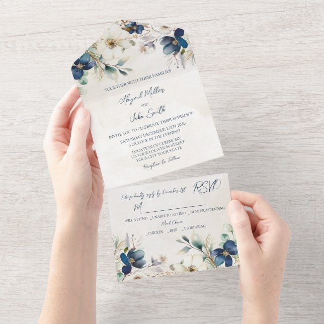 Invitación Todo En Uno Elegant Blue Floral Winter Wedding (desgarro)