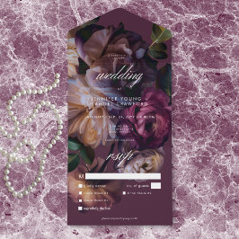 Invitación Todo En Uno Elegant Burgundy Moody Floral Wedding Dinner