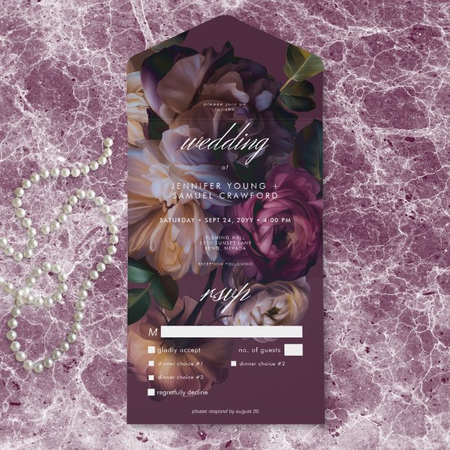 Invitación Todo En Uno Elegant Burgundy Moody Floral Wedding Dinner (Elegant Burgundy Moody Floral Wedding Dinner All In One Invitation)