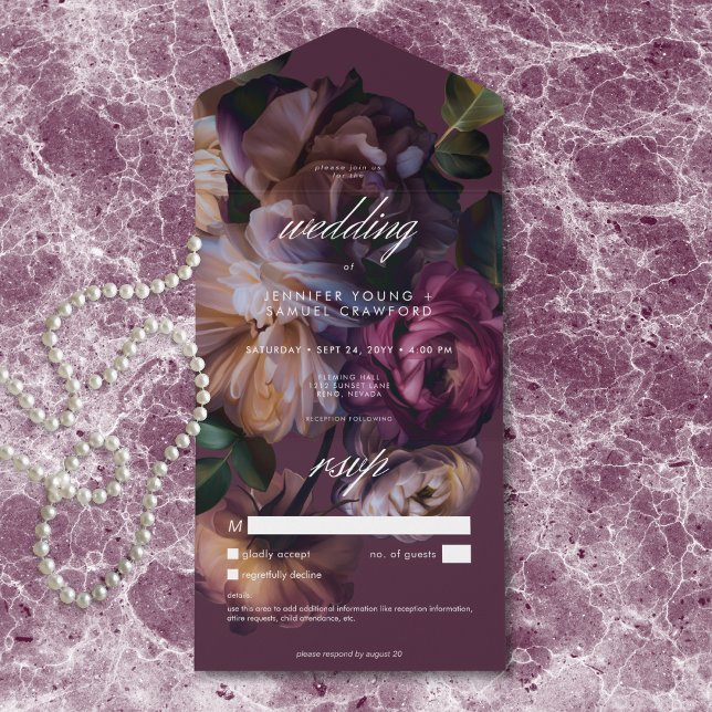 Invitación Todo En Uno Elegant Burgundy Moody Floral Wedding No Dinner (Subido por el creador)