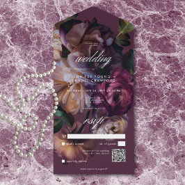 Invitación Todo En Uno Elegant Burgundy Moody Floral Wedding QR Code
