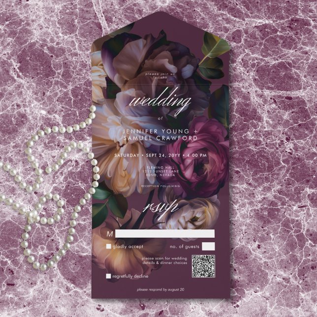 Invitación Todo En Uno Elegant Burgundy Moody Floral Wedding QR Code (Subido por el creador)