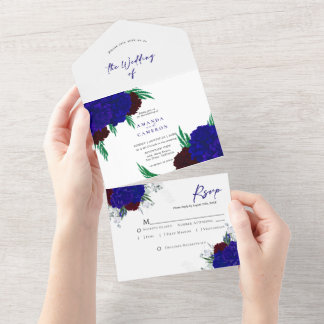 Invitación Todo En Uno Elegant Burgundy Red Navy  Blue "MARIGOLD" Wedding