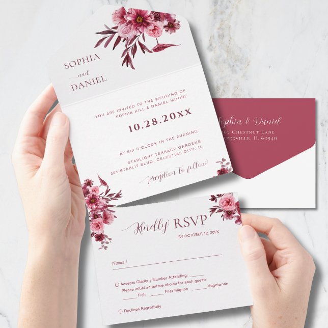 Invitación Todo En Uno Elegant Burgundy  Rose Floral  Wedding Invitation  (Subido por el creador)