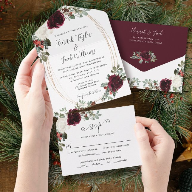 Invitación Todo En Uno Elegant Christmas Burgundy Winter Wedding (Subido por el creador)