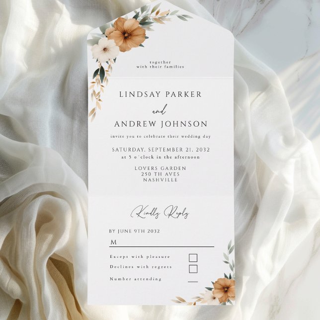 Invitación Todo En Uno Elegant Copper & Earthy Botanical Wedding  (Elegant Copper & Earthy Botanical Wedding All In One Invitation)