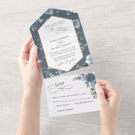Invitación Todo En Uno Elegant Dusty Blue Floral Wedding 