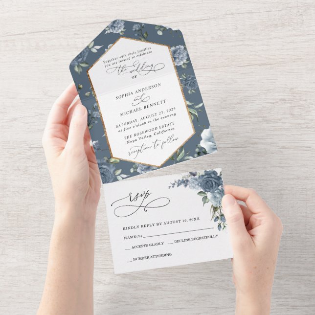 Invitación Todo En Uno Elegant Dusty Blue Floral Wedding  (desgarro)