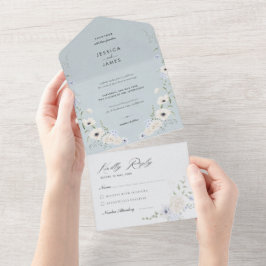 Invitación Todo En Uno Elegant Dusty Blue Floral Wedding