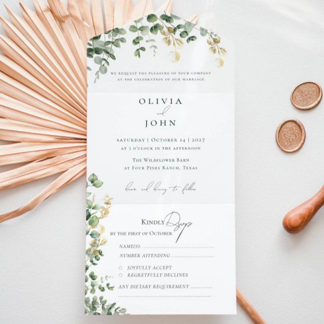 Invitación Todo En Uno Elegant Eucalyptus Foliage Gold Green Wedding  (Elegant Eucalyptus Foliage Gold Green Wedding All In One Invitation)