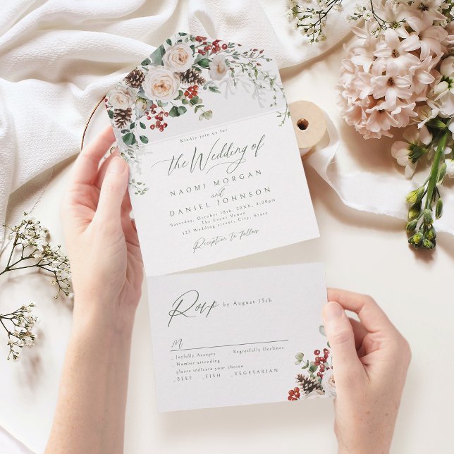 Invitación Todo En Uno Elegant Festive Floral Holiday Winter Wedding (Elegant Festive Floral Holiday Winter Wedding All In One Invitation)
