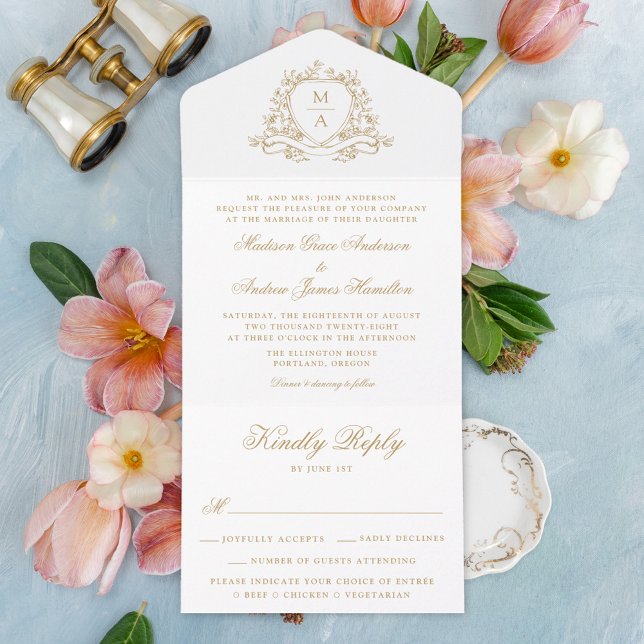 Invitación Todo En Uno Elegant Gold Floral Crest Monogram Wedding  (Subido por el creador)