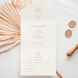 Invitación Todo En Uno Elegant Gold foil Seashell Wedding 