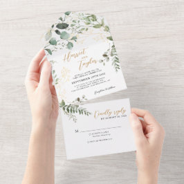Invitación Todo En Uno Elegant Gold Greenery Eucalyptus Monogram Wedding