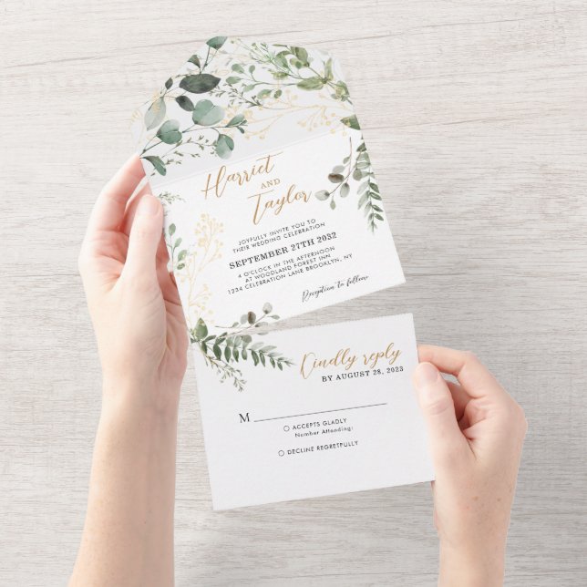 Invitación Todo En Uno Elegant Gold Greenery Eucalyptus Monogram Wedding (desgarro)