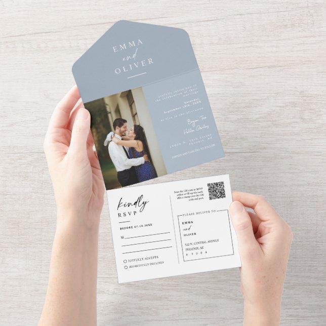 Invitación Todo En Uno Elegant Modern Dusty Blue Boho QR Code Photo RSVP (desgarro)