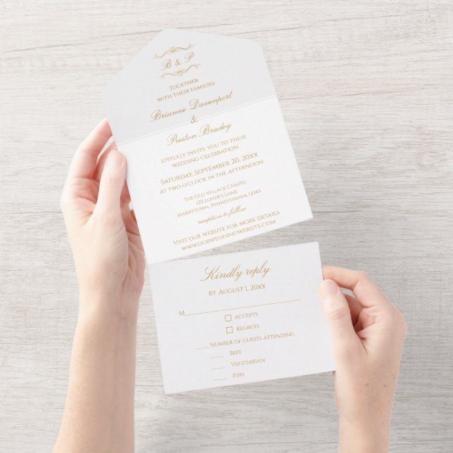 Invitación Todo En Uno Elegant Modern Gold Script Monogram Wedding (desgarro)