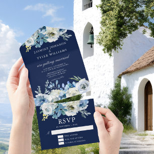 Invitación Todo En Uno Elegant Navy Blue White Rose Floral Winter Wedding