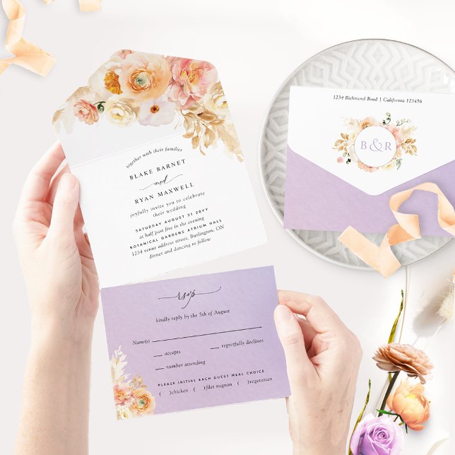 Invitación Todo En Uno Elegant Peach and Purple Floral Wedding with RSVP  (Subido por el creador)