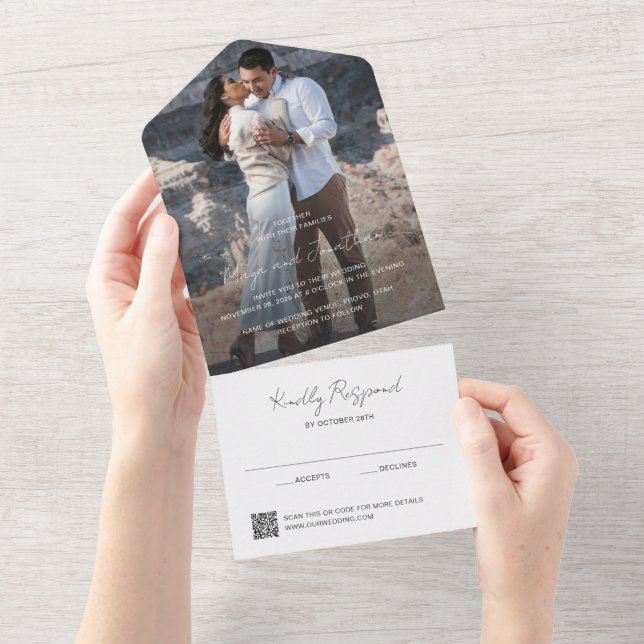 Invitación Todo En Uno Elegant Photo QR Code Modern Wedding (desgarro)
