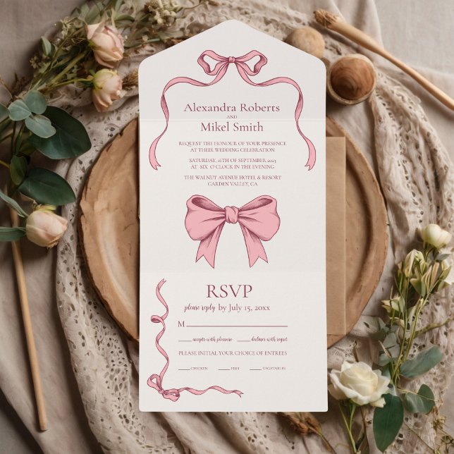 Invitación Todo En Uno Elegant Pink Hand Drawn Bow Wedding (Subido por el creador)