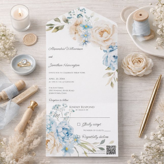 Invitación Todo En Uno Elegant Soft Blue Floral Wedding (Subido por el creador)