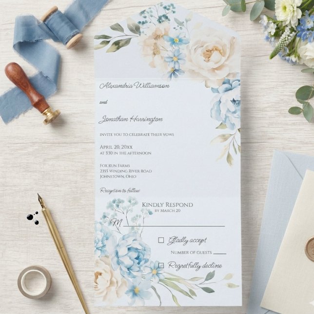 Invitación Todo En Uno Elegant Soft Blue on Blue Floral Wedding (Subido por el creador)