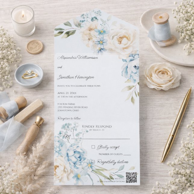 Invitación Todo En Uno Elegant Soft Blue on Blue Floral Wedding (Subido por el creador)