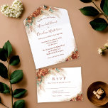 Invitación Todo En Uno Elegant Terracotta Boho Pampas Grass Wedding<br><div class="desc">Create a warm and unforgettable first impression with this Elegant Custom Terracotta Calligraphy Floral Pampas Grass Boho All In One Wedding Invitation. The perfect blend of modern minimalism and romantic bohemian charm. Designed in trending terracotta tones, this all-in-one wedding invitation features soft floral accents and delicate pampas grass details, paired...</div>