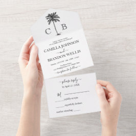 Invitación Todo En Uno Elegant Tropical Green Palm Monograms Wedding