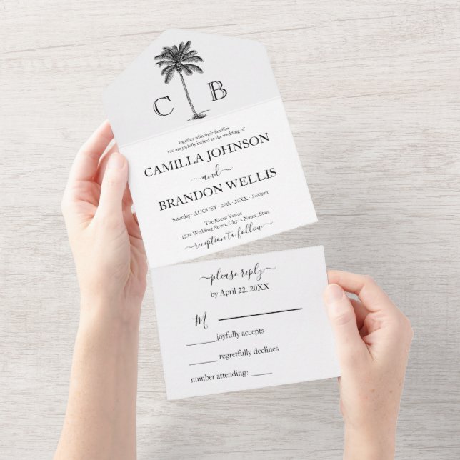 Invitación Todo En Uno Elegant Tropical Palm Monograms Wedding (desgarro)
