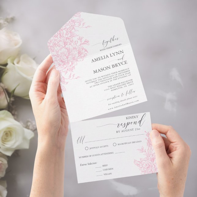Invitación Todo En Uno Elegant Victorian Blush Pink Floral Wedding  (Elegant Victorian Blush Pink Floral Wedding All In One Invitation)