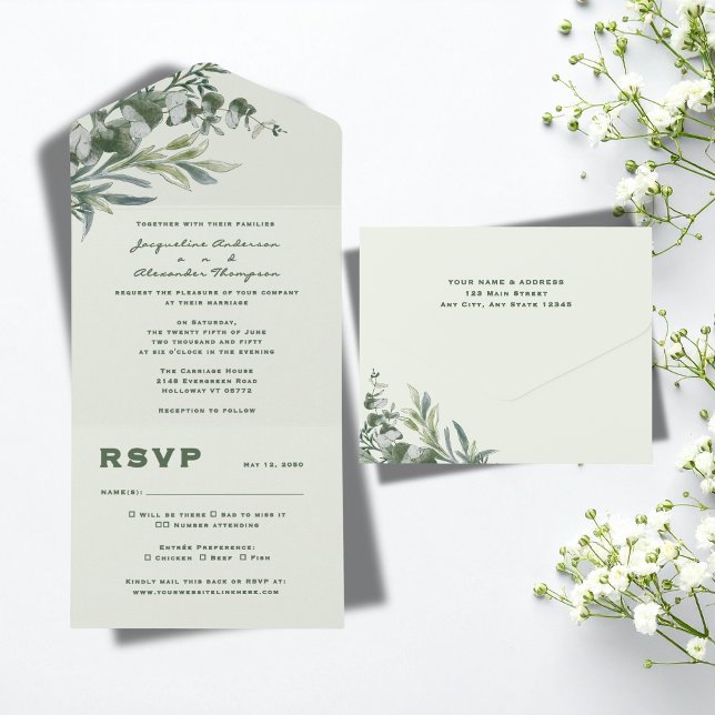 Invitación Todo En Uno Elegant Watercolor Botanical Wedding  (Watercolor Botanical Garden Wedding All In One Invitation)