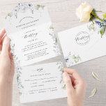 Invitación Todo En Uno Elegant White With Blue Floral and Calligraphy<br><div class="desc">Elegant All- in- One tri- fold wedding invitation with perforated RSVP postcard. Design with delicate watercolor greenery with flowers in white and a few in blue hues encasing your wedding details. Modern hand written calligraphy elements. Environmentally friendly, as there is no need for extra insert cards, RSVP cards or even...</div>