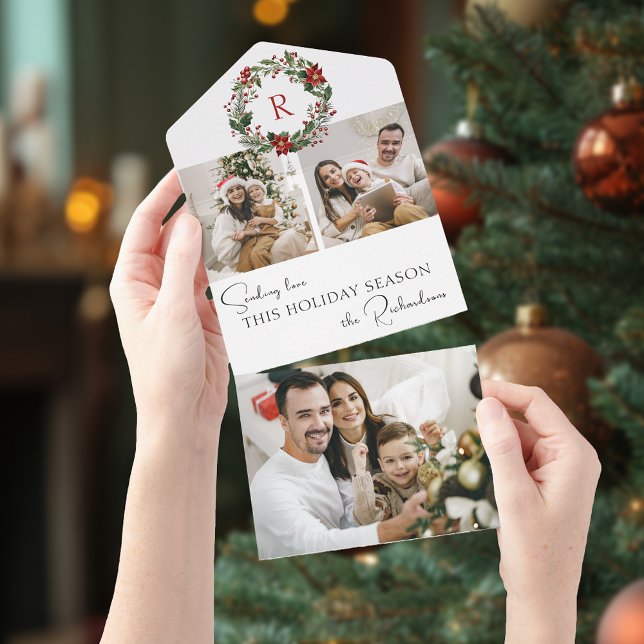 Invitación Todo En Uno Elegant Winter Botanical Wreath w/Monogram 2-Photo (Subido por el creador)