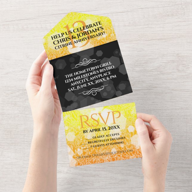 Invitación Todo En Uno Elegante 13º Aniversario de Bodas de Citrino (desgarro)