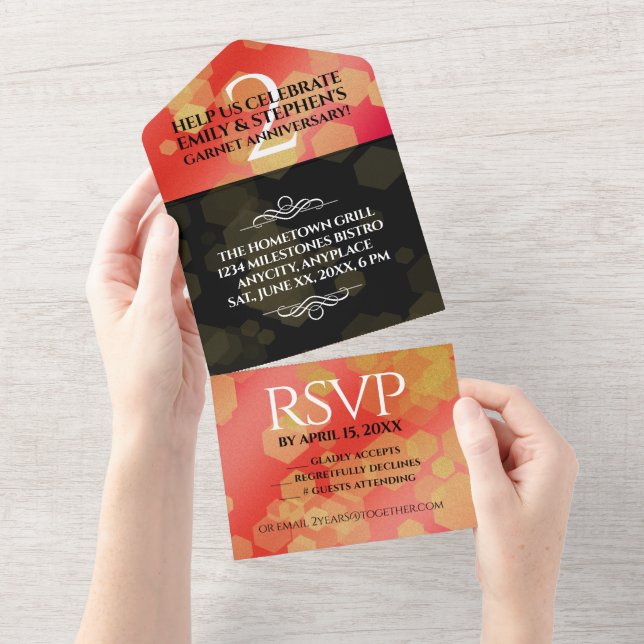 Invitación Todo En Uno Elegante 2º Aniversario del Boda Garnet (desgarro)