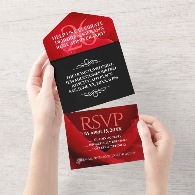 Invitación Todo En Uno Elegante 26° Rosa Boda Aniversario (desgarro)