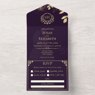 Invitación Todo En Uno Elegante 2 novias Boda del Orgullo LGBTQ Plum oscu