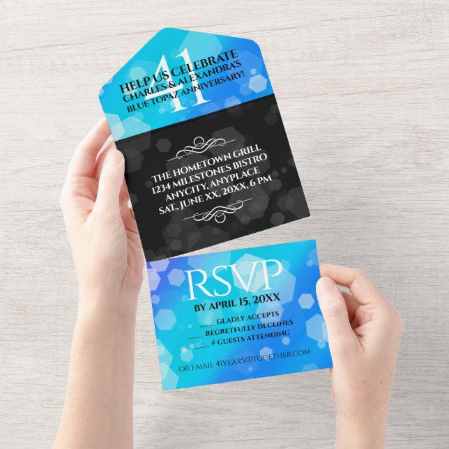 Invitación Todo En Uno Elegante 41° Aniversario del Boda de Topaz Azul (desgarro)