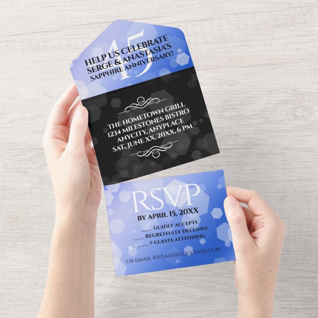 Invitación Todo En Uno Elegante 45° Aniversario del Boda de Sapphire (desgarro)