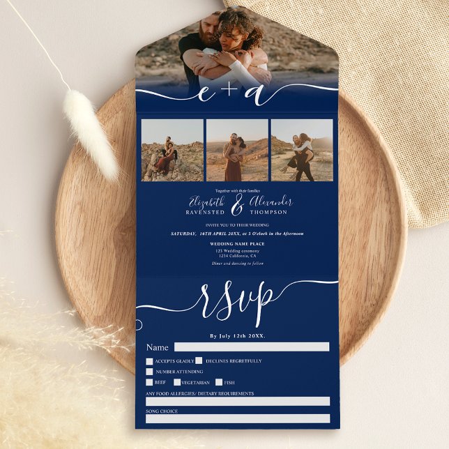 Invitación Todo En Uno Elegante 4 fotos boda de escritura azul marino mod (Subido por el creador)