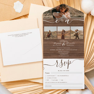 Invitación Todo En Uno Elegante 4 Fotos boda de escritura de madera marró