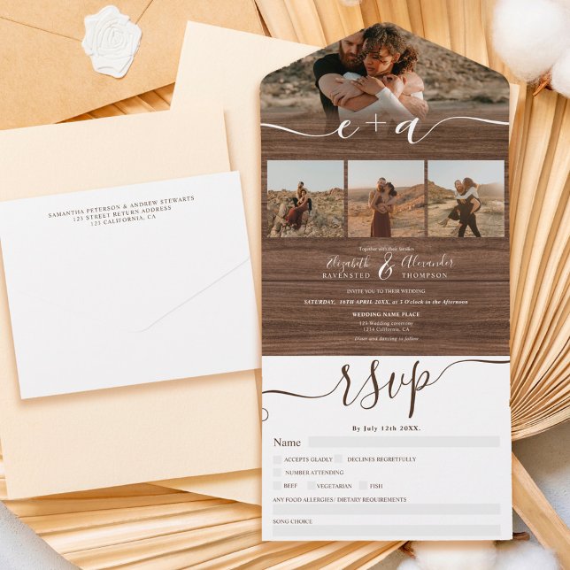 Invitación Todo En Uno Elegante 4 Fotos boda de escritura de madera marró (Subido por el creador)