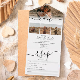 Invitación Todo En Uno Elegante 4 Fotos boda de escritura moderno blanco 