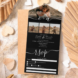 Invitación Todo En Uno Elegante 4 Fotos boda de escritura moderno blanco 