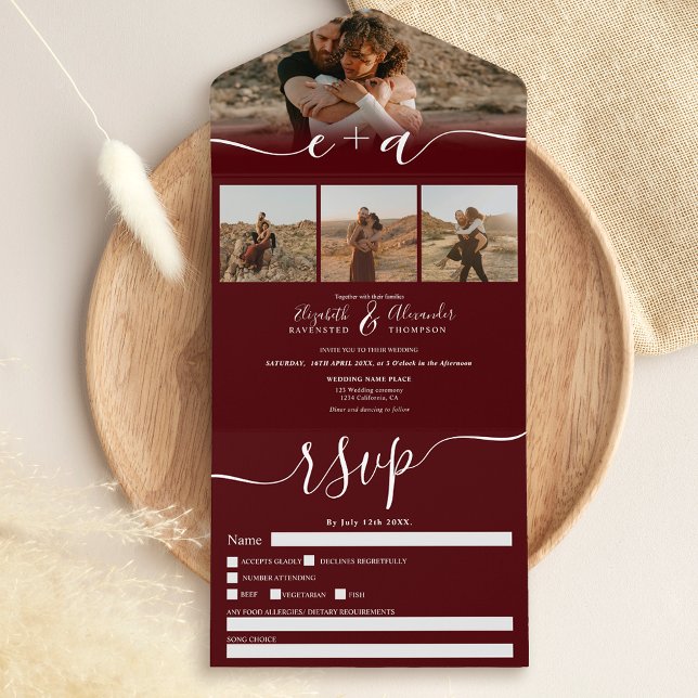 Invitación Todo En Uno Elegante 4 fotos burdeos boda de escritura moderna (Subido por el creador)