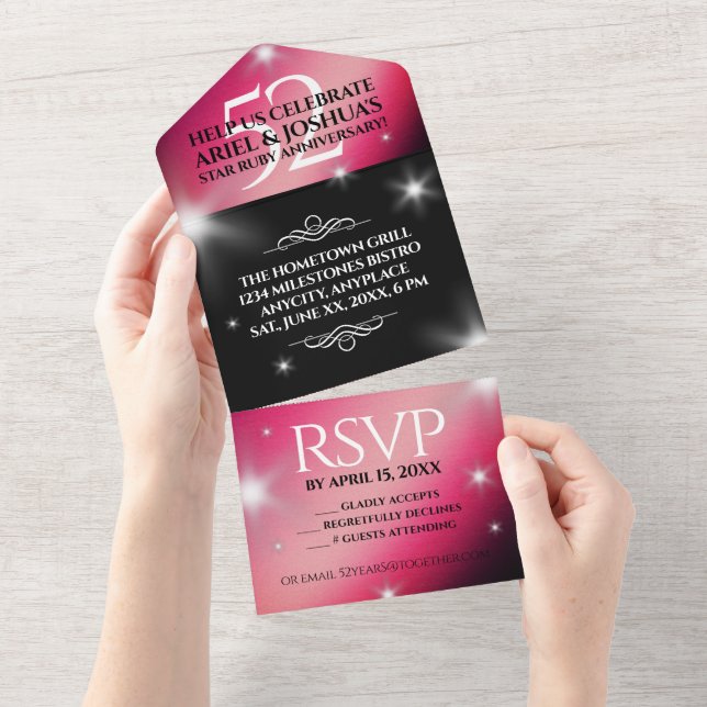 Invitación Todo En Uno Elegante 52ª Aniversario de Bodas de Rubí Estelar (desgarro)